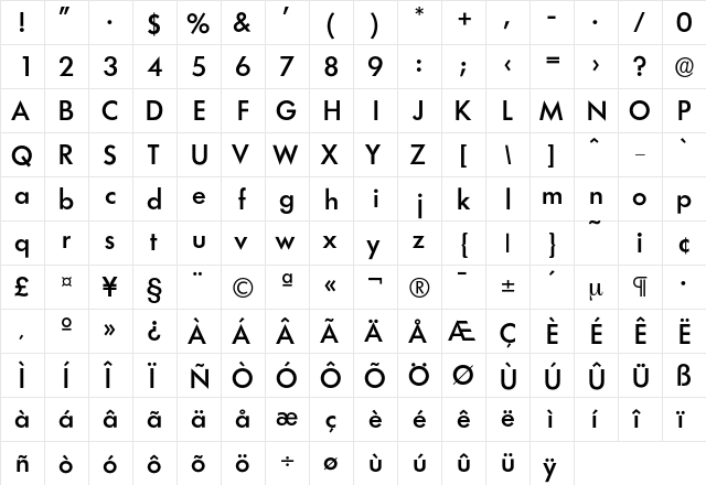 Limerick-Medium Regular  glyph index
