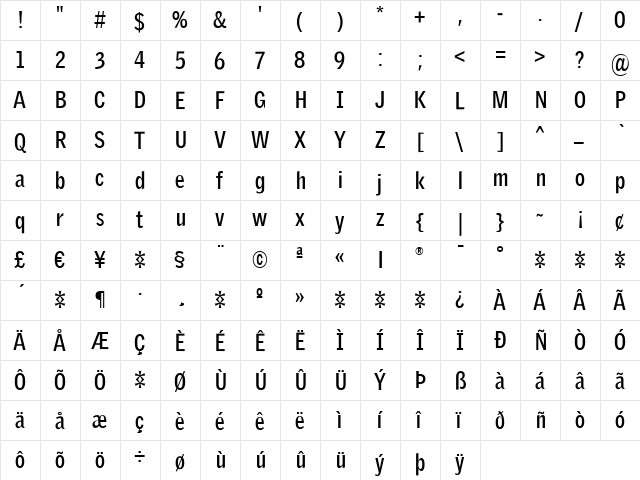 GriffithGothic Cond Bold  glyph index