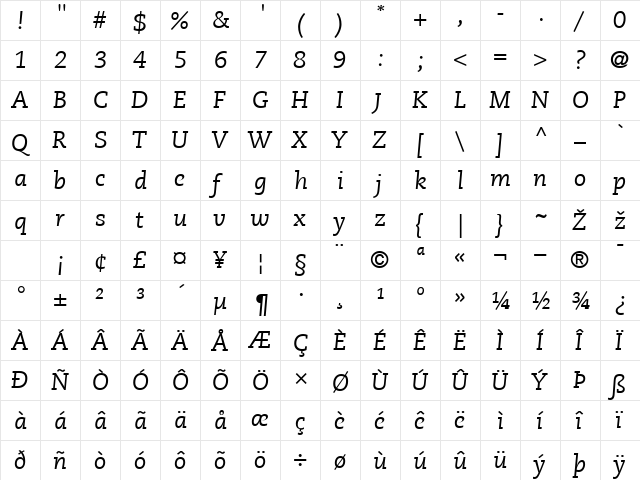 Caecilia LT Italic Regular  glyph index