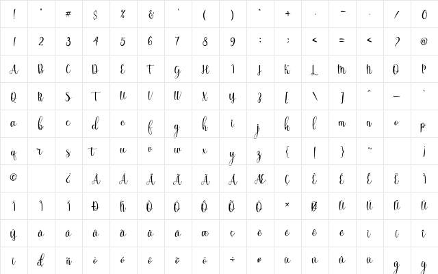 Shinesy Regular  glyph index