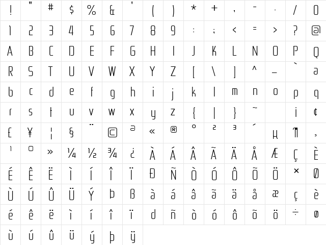 Zekton CdLt Regular  glyph index