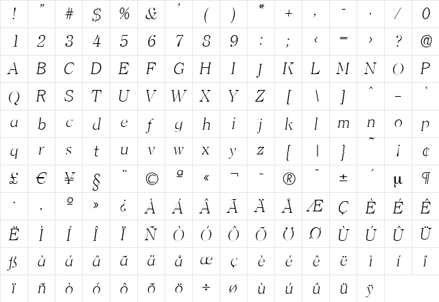 ChristianBecker-ExtraLight Italic  glyph index