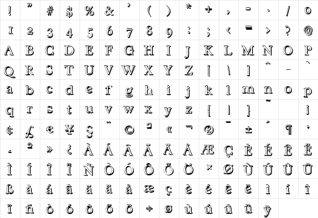 WilliamBeckerShadow-Light Regular  glyph index