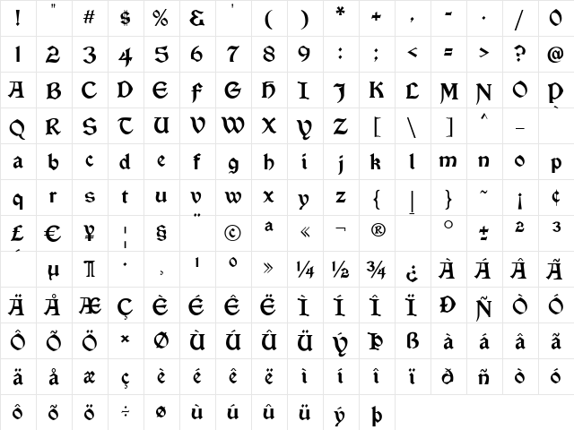 Vinque Regular  glyph index