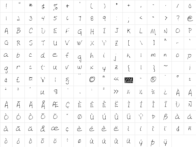 DebbiesHand Regular  glyph index