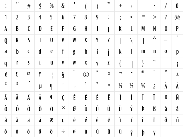 Ocean Sans MT Std Semi Cond  glyph index