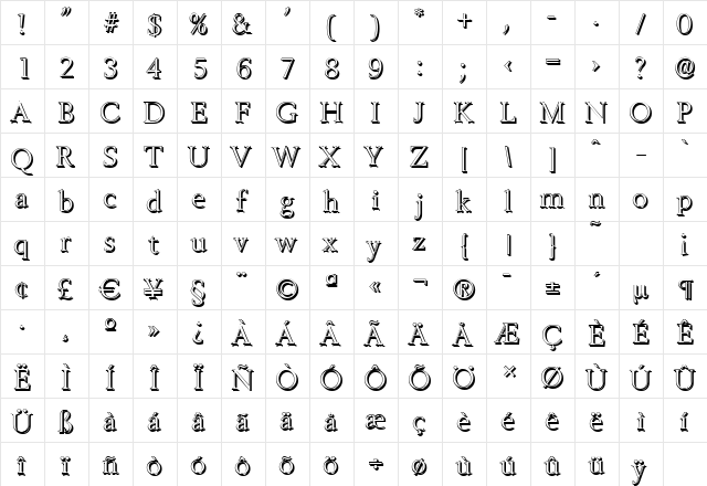 BelfastShadow-Light Regular  glyph index