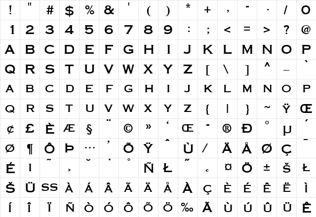 Copperplate-ThirtyOneAB Regular  glyph index