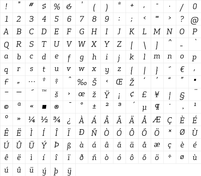 Apex Serif Book Italic Regular  glyph index