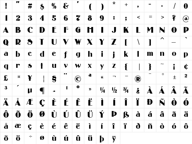 Binner Poster MT Regular  glyph index