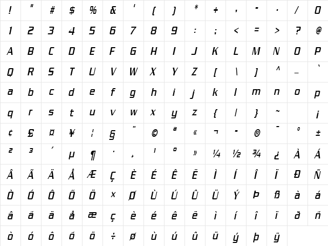 Chaney Thin Italic  glyph index