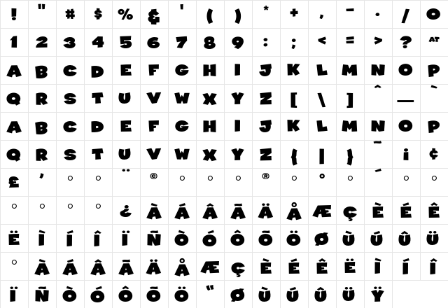 CoopBlack Regular  glyph index