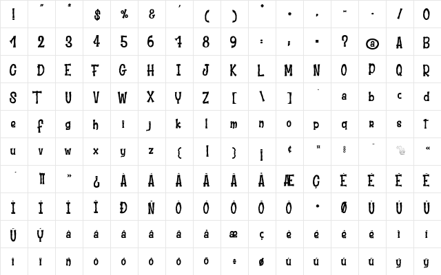 Moustache Club Regular  glyph index