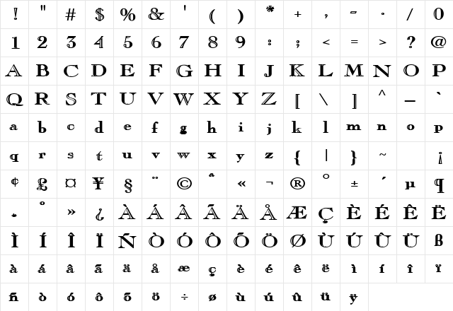 Chopin Bold  glyph index