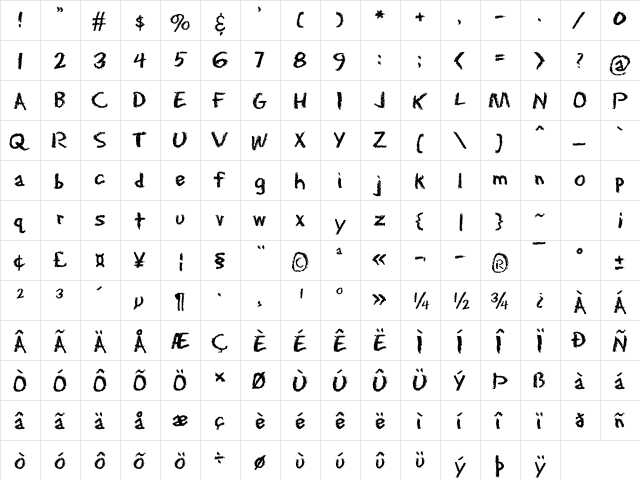 EraserDust Regular  glyph index