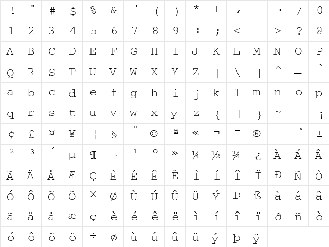 CourierTT Regular  glyph index