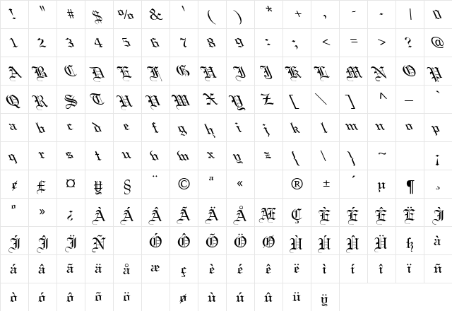 Linotext Leftie Regular  glyph index