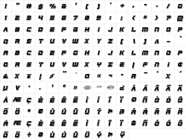 Edge Racer Punch Italic Italic  glyph index