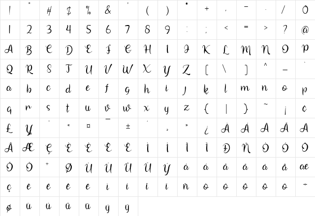 Arionna Regular  glyph index