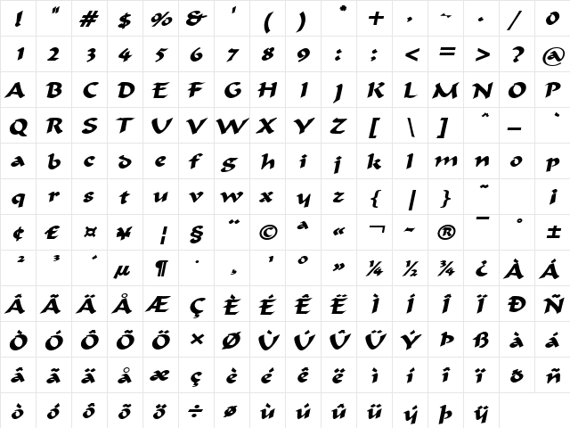 FlatBrush-Extended Bold Italic  glyph index