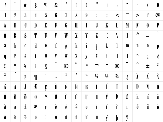 Bodoni LT PosterCompressed Regular  glyph index