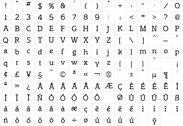 Italia Regular  glyph index