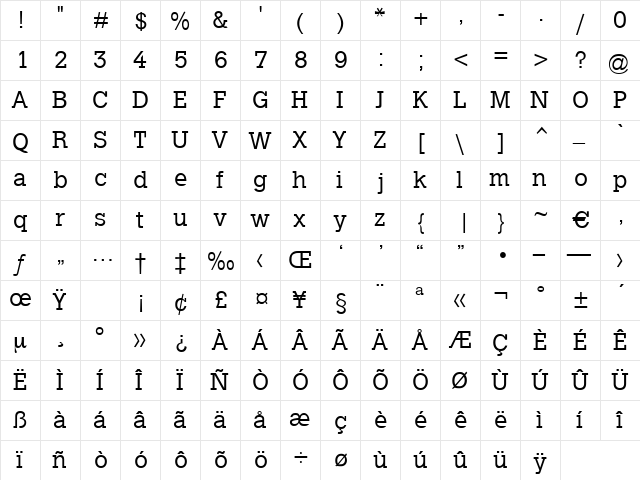 Hanseat Regular  glyph index