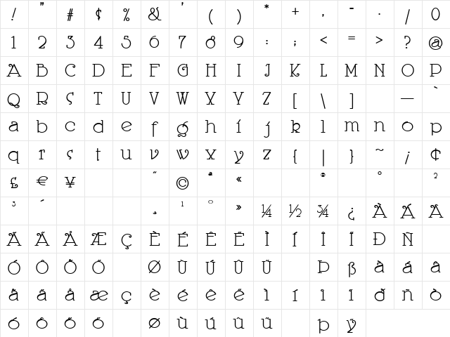 Picayune Intelligence BT Regular  glyph index
