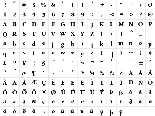 Kallos ITC Bold  glyph index