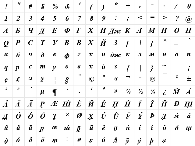 AKAMA Bold Italic  glyph index