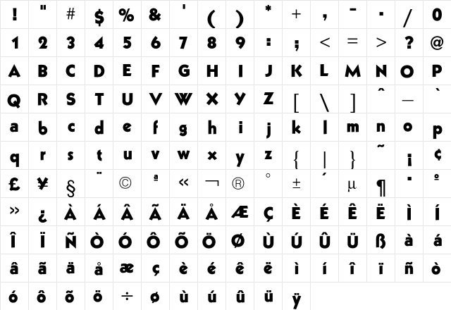 Grizzly Regular  glyph index