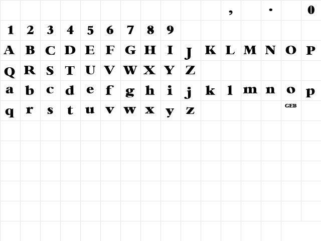 Bambi Bold Regular  glyph index