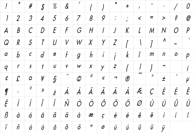 Fusi Condensed Italic  glyph index