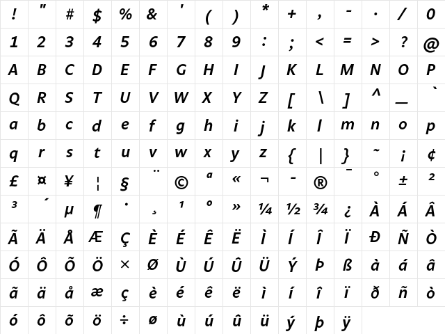 Legato TF Semi Bold Italic  glyph index