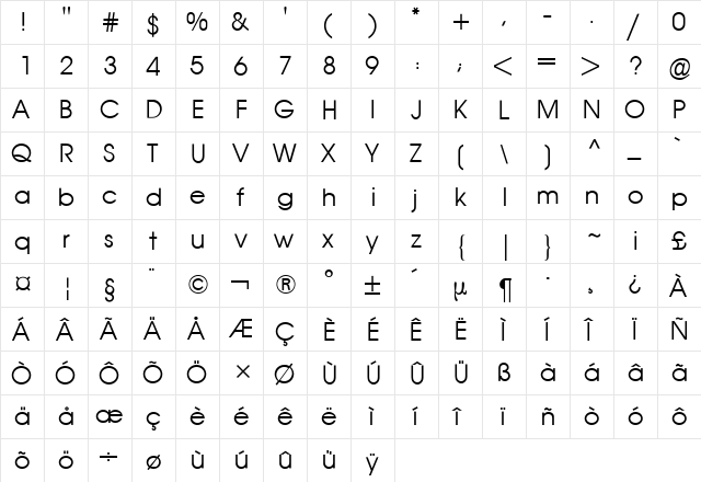 Avant Garde 2 BQ Roman  glyph index
