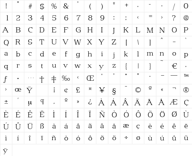 Penthouse-Xlight Regular  glyph index
