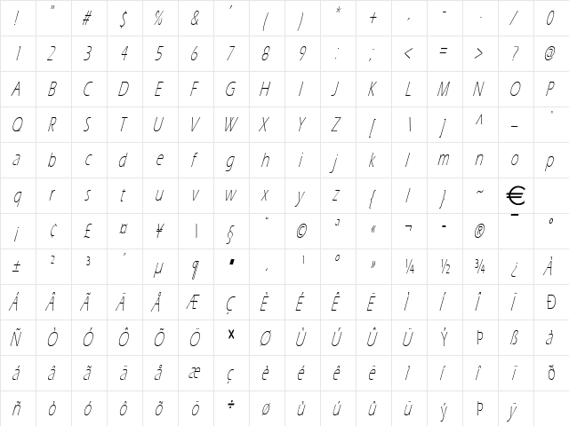 EricLite Italic  glyph index