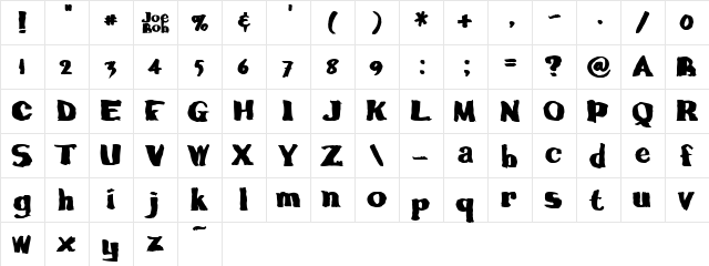 calamityJoe Regular  glyph index
