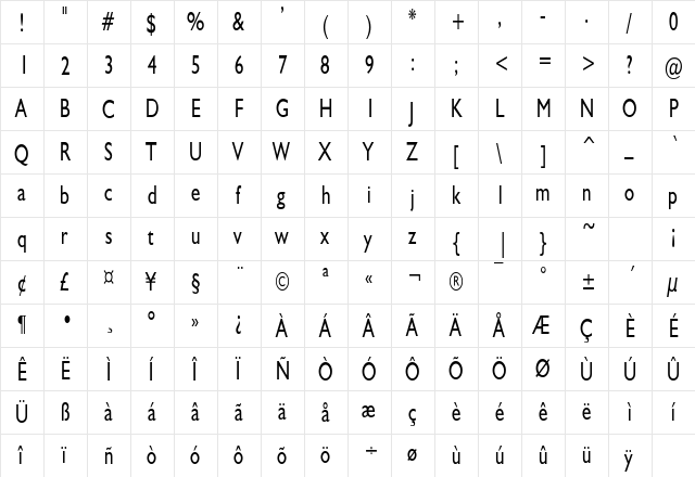 GibraltarCondensed Regular  glyph index