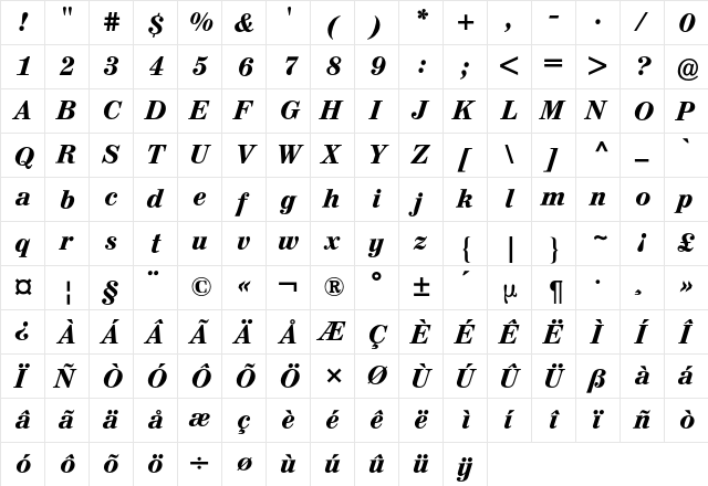 Augustea BQ Regular  glyph index