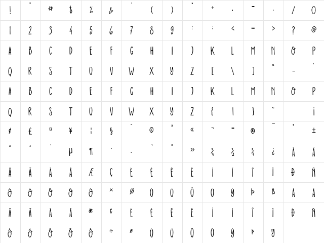 Paradise Island Regular  glyph index