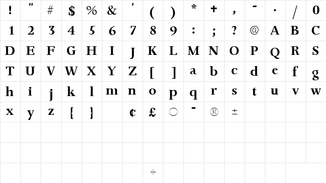 JuxtaSSK Regular  glyph index