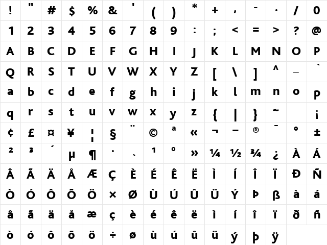 BlissHeavy Regular  glyph index