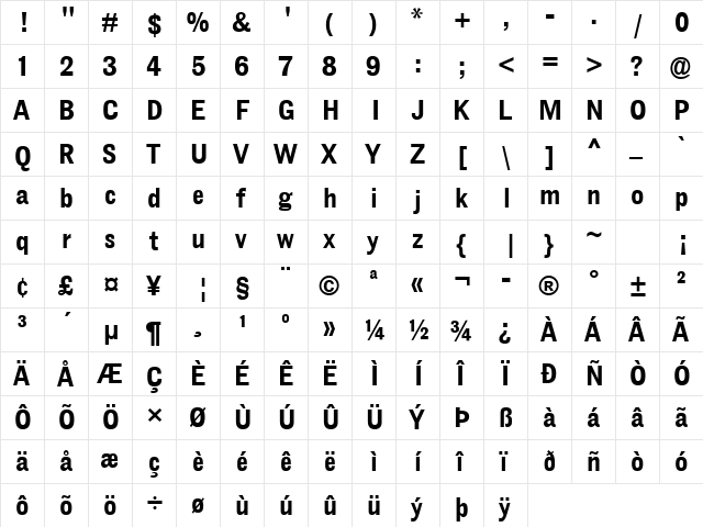 Grotesque Display MT BoldCond Regular  glyph index