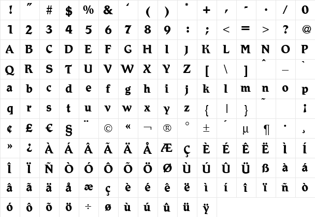 R790-Roman Bold  glyph index