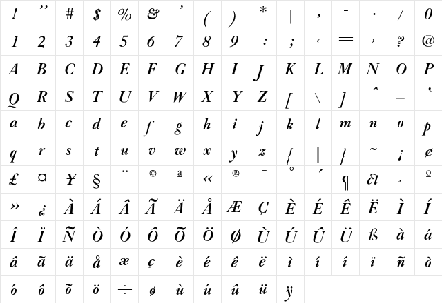 CaslonBoldL-Italic Regular  glyph index