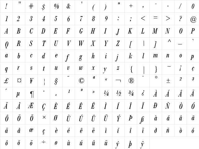 Bodoni BE Italic  glyph index