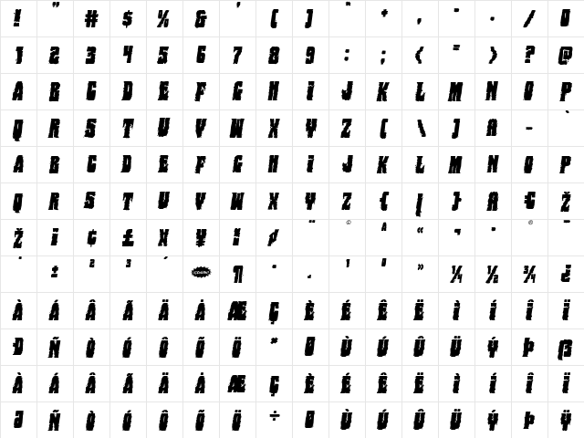 Bog Beast Italic Italic  glyph index