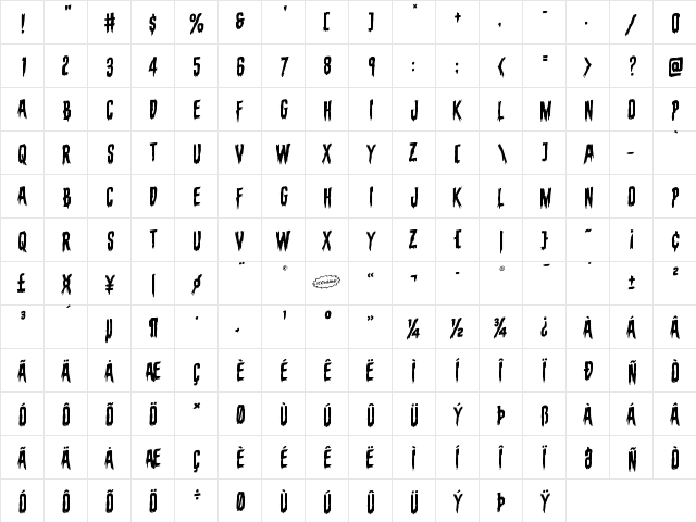 Eva Fangoria Rotalic Italic  glyph index