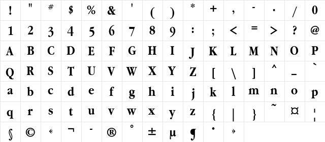 GaramondNarrowC Bold  glyph index